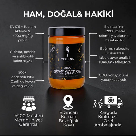 850 gr Yegens Doğal Süzme Çiçek Balı | TA17.5+ | 900 Prolin | Erzincan - Kemah | Hakiki Bal