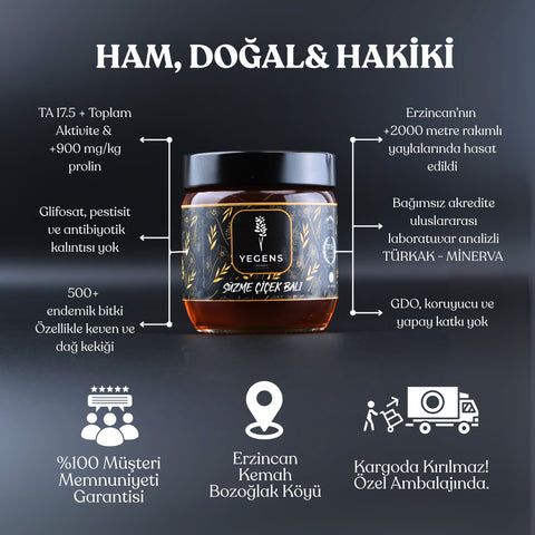 Yegens Doğal Süzme Çiçek Balı 500 gr | TA17.5+ | 900 Prolin | Erzincan - Kemah | Hakiki Bal