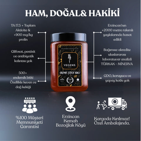 Yegens Doğal Süzme Çiçek Balı 1000 gr | TA17.5+ | 900 Prolin | Erzincan - Kemah | Hakiki Bal
