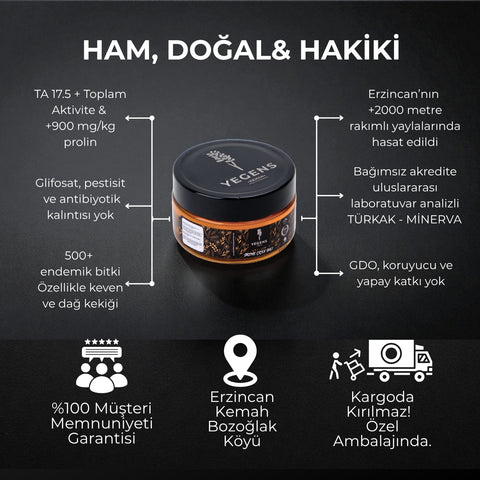 250 gr Yegens Doğal Süzme Çiçek Balı | TA17.5+ | 900 Prolin | Erzincan - Kemah | Hakiki Bal